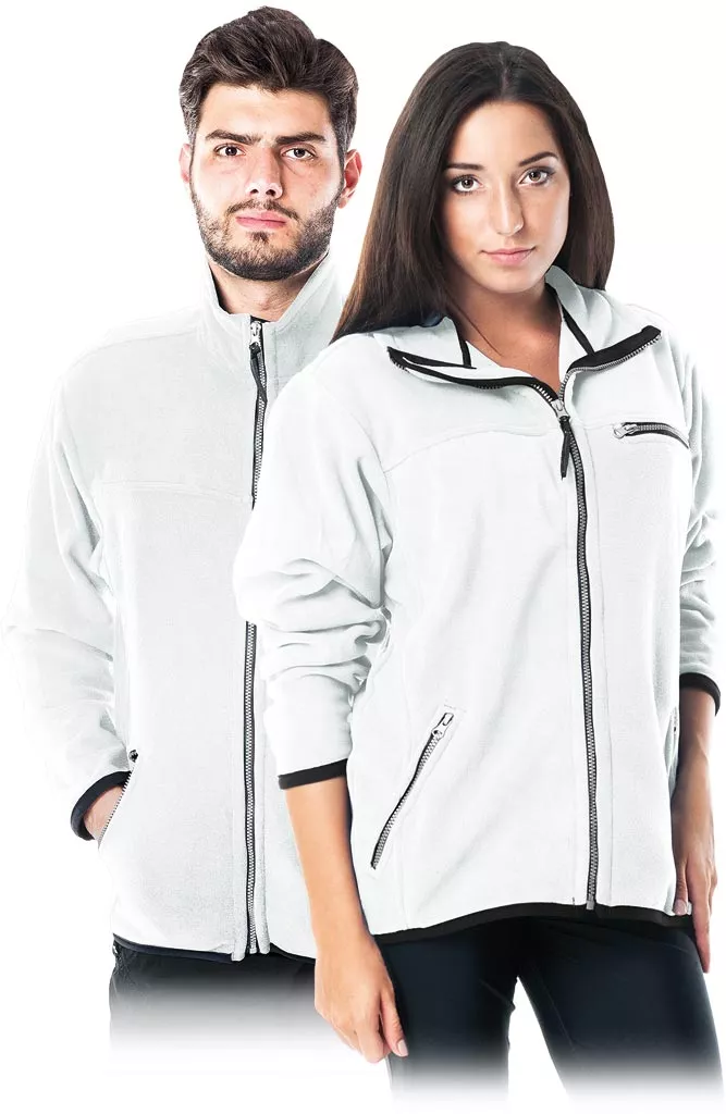 Biały polar roboczy ochronny HONEY, zapinany na zamek błyskawiczny, z kieszeniami bocznymi na zamek. Model unisex, wykonany z miękkiego, ciepłego materiału.