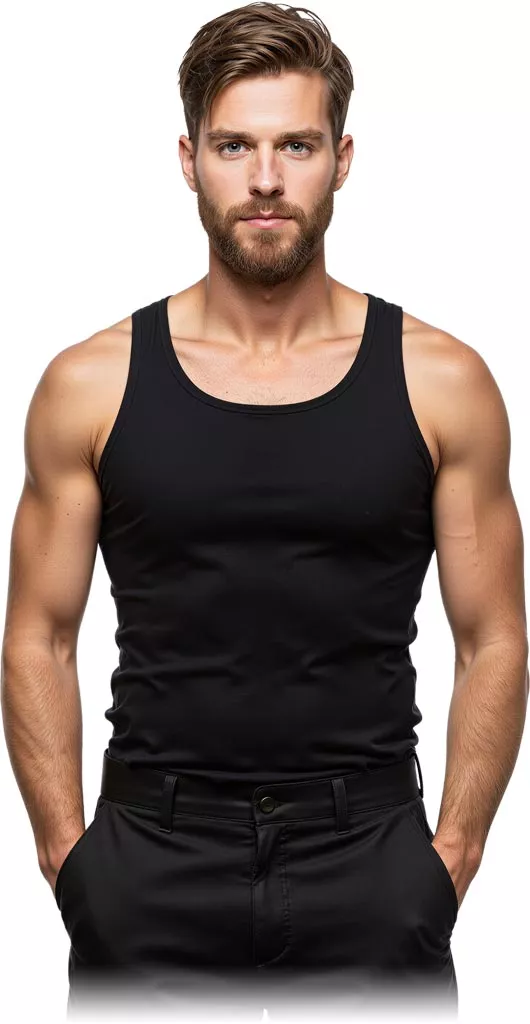 Czarny męski podkoszulek tanktop bez rękawów, o dopasowanym kroju, z okrągłym dekoltem. Idealny na lato i do aktywności fizycznej.