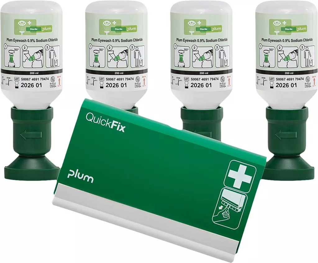 Zestaw do przemywania oczu Plum Eyewash zawiera 4 butelki po 200 ml każda z roztworem soli fizjologicznej 0,9% NaCl. Przeznaczony do szybkiego i skutecznego płukania oczu. Opakowanie zielone z systemem QuickFix.