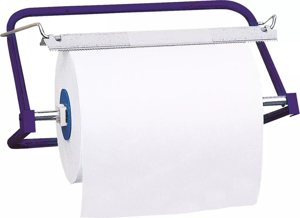 Wieszak na przemysłowe czyściwa w rolach, metalowy, z ramą w kolorze fioletowym i białą rolką czyściwa. Posiada mechanizm do łatwego odrywania papieru.