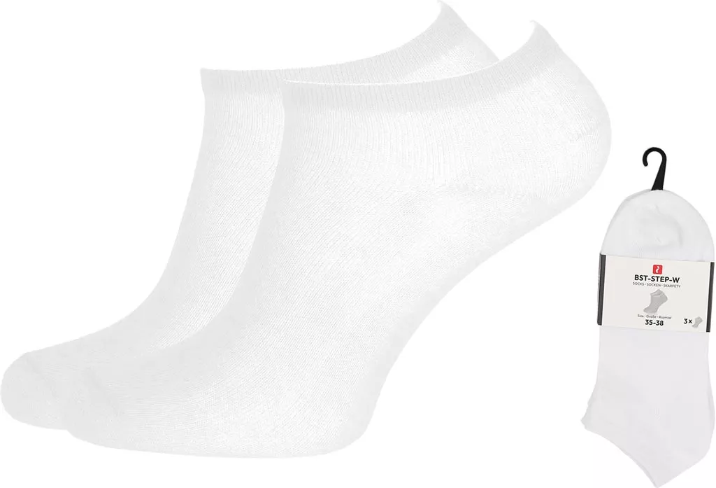 Damskie krótkie skarpetki stopki w kolorze białym marki STEP. Zestaw zawiera dwie pary skarpet. Materiał: 95% bawełna, 5% elastan. Rozmiar: 35-38.