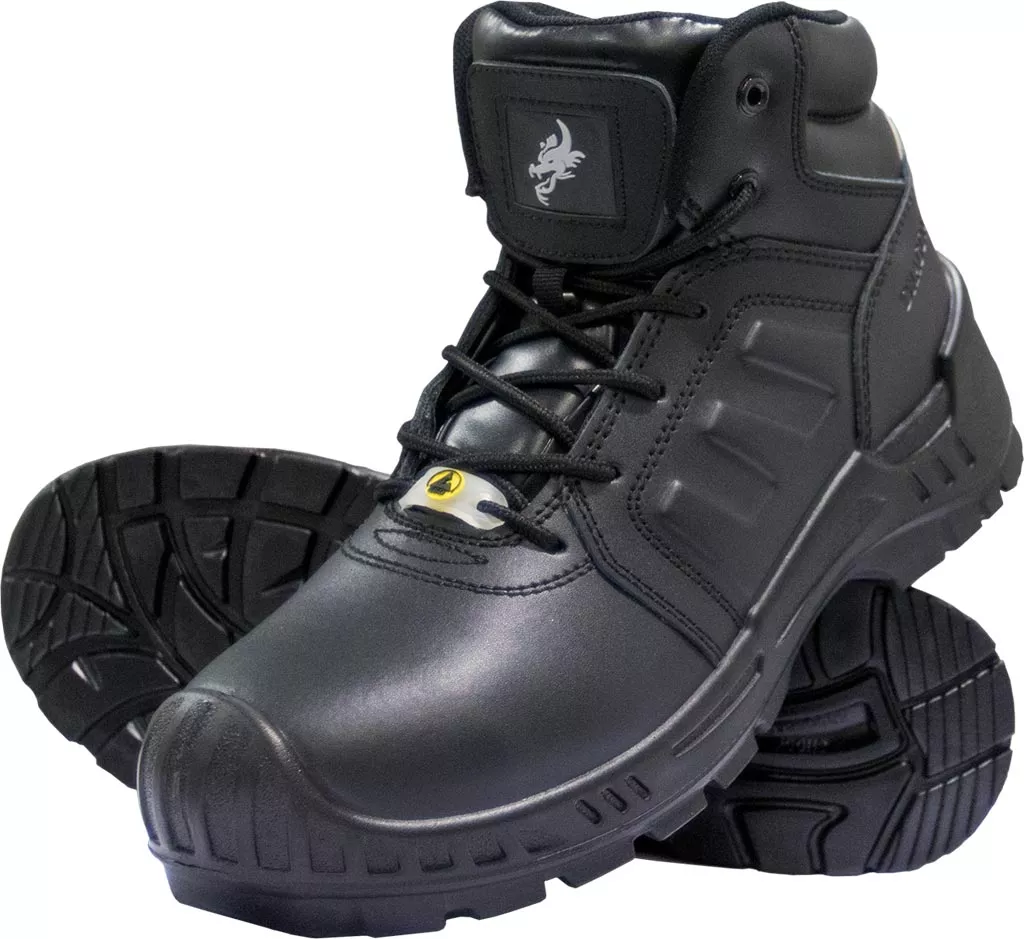 Buty robocze męskie TITAN-HARX, trzewiki wysokie z podnoskiem i wkładką S3 ESD. Wykonane z czarnej skóry, wytrzymała podeszwa z głębokim bieżnikiem, sznurowane, zapewniające ochronę i komfort pracy.