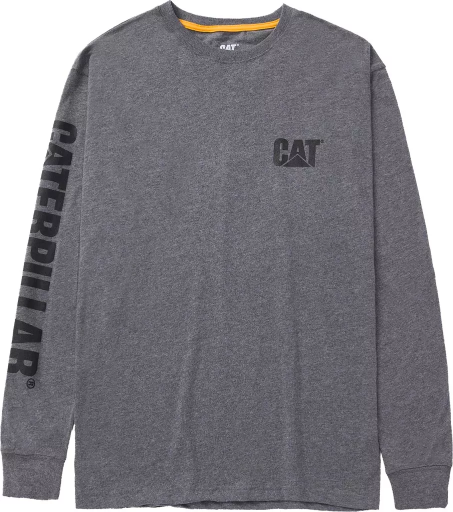 Męski longsleeve CAT w kolorze szarym, wykonany z materiału o fakturze melanżu. Na lewej piersi logo 
