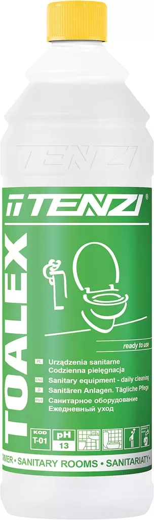 Butelka z preparatem o nazwie Toalex, marki Tenzi. Jest to płyn w kolorze zielonym, przeznaczony do dezynfekcji sanitariatów, o pojemności 1 litr.