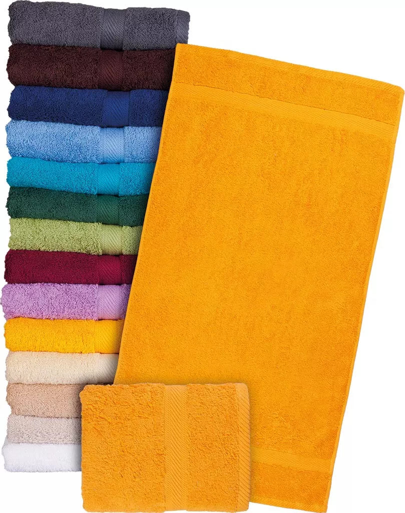Ręcznik frotte bawełniany 100%, gruby, w kolorze pomarańczowym. Produkt z wysokiej jakości tkanego frotte, dostępny także w innych kolorach. Zestaw zawiera duży i mały ręcznik.