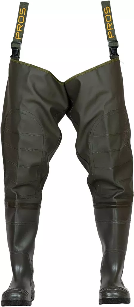 Wodery wzmacniane kalosze z wkładką S5 MAX, model Wodery MAX S5, wykonane z trwałego materiału, z regulowanymi szelkami, zapewniające ochronę i komfort podczas pracy w wodzie.
