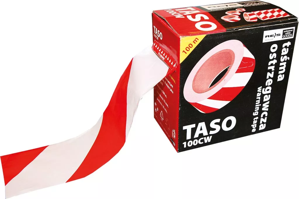 Taśma ostrzegawcza dwustronna w kolorach białym i czerwonym, długość 100 m, produkt marki Taso.