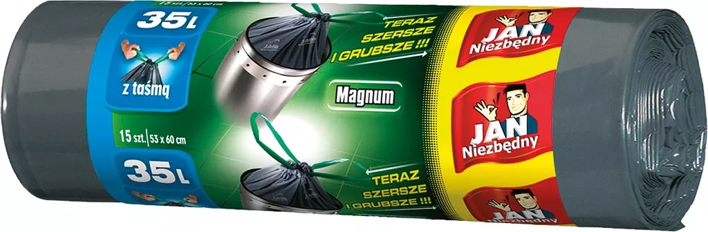 Rolka czarnych worków na śmieci LD Magnum, 35 litrów, 10 sztuk w rolce, z uchwytem ściągającym.