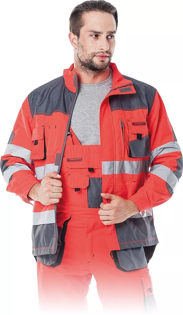 Bluza ochronna FORMEN, męska, w kolorze czerwono-szarym, z licznych kieszeni, wzmocnieniami na ramionach i odblaskowymi pasami dla lepszej widoczności.