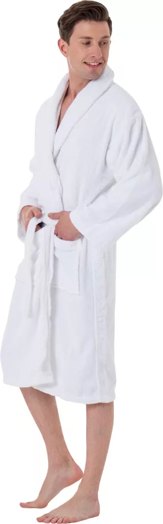 Biały szlafrok frotte z 100% bawełny, gruby, z paskiem w pasie i kieszeniami po bokach. Model BATHROBE.