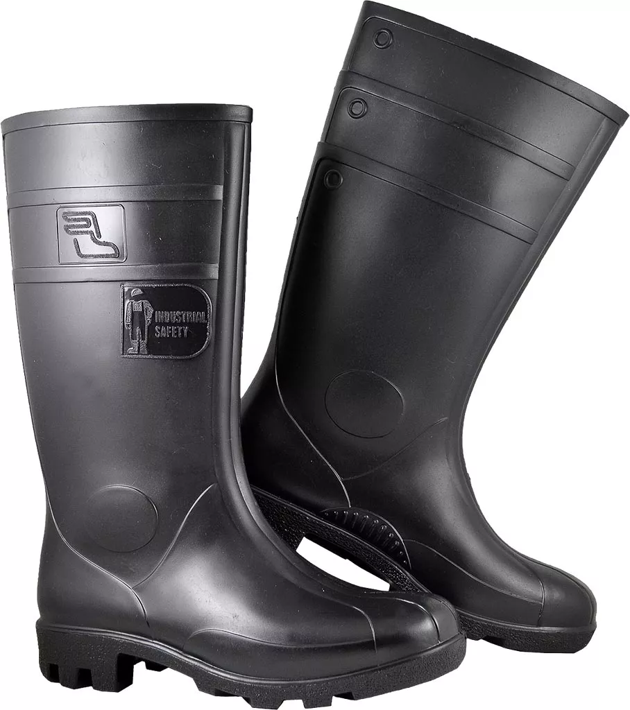 Czarne, wysokie gumowe buty zawodowe z cholewką sięgającą poniżej kolan, wyposażone w gruby, antypoślizgowy bieżnik. Na boku cholewki widoczne logo producenta.