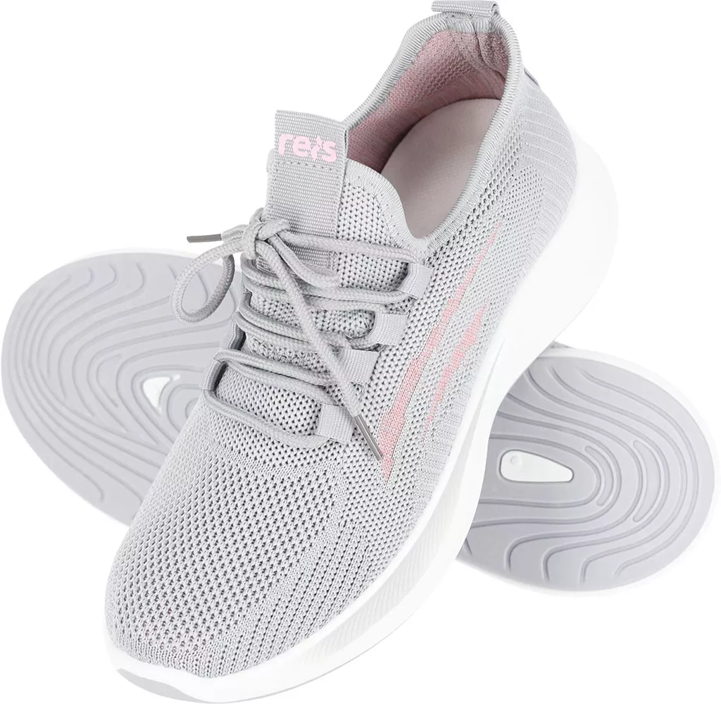 Damskie lekkie buty sportowe CORA w jasnoszarym kolorze, wykonane z przewiewnej siateczki, z białą podeszwą i różowymi detalami. Model sznurowany, idealny do codziennego użytku.
