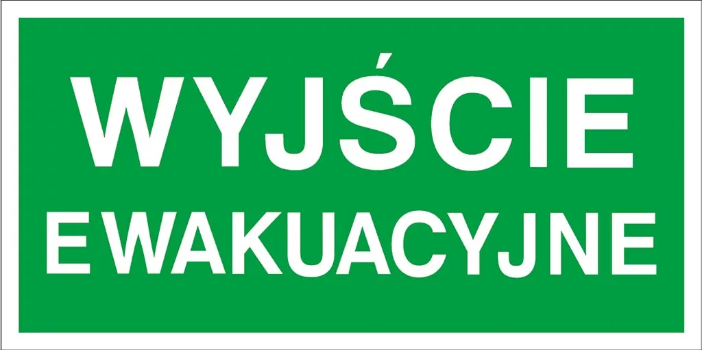 Zielony znak ewakuacyjny z białym napisem „WYJŚCIE EWAKUACYJNE”, wskazujący kierunek do wyjścia awaryjnego.