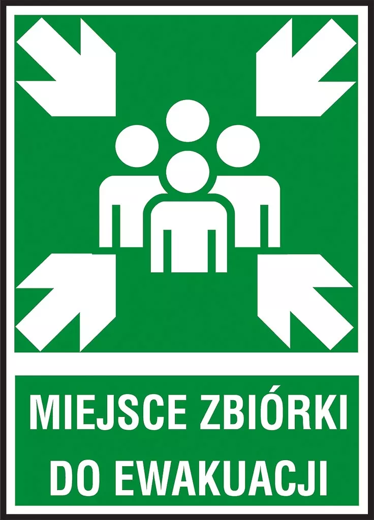 Znak ewakuacyjny na zielonym tle z białym napisem 