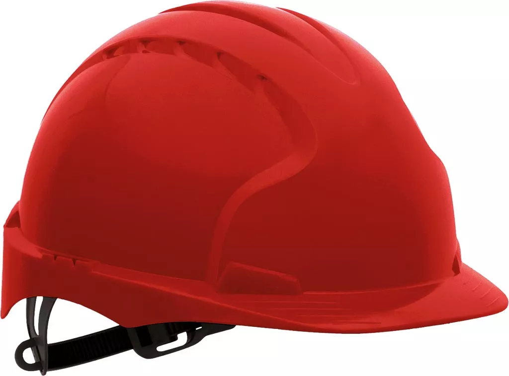 Czerwony hełm ochronny EVO3 wykonany z tworzywa HDPE, posiada regulowany pasek zapinany pod brodą oraz system wentylacyjny.