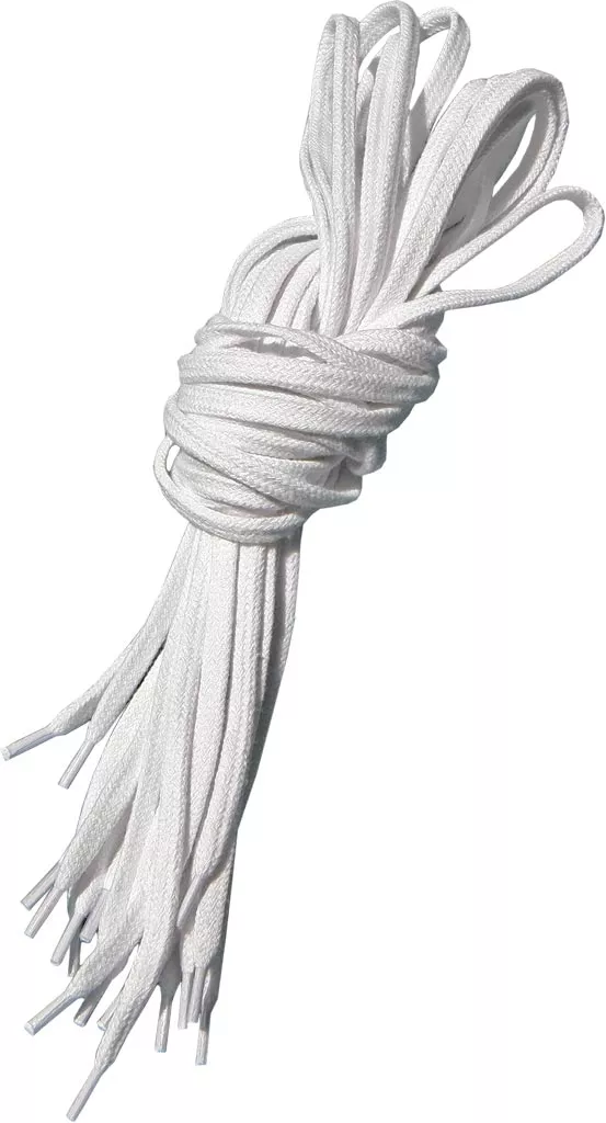 Białe, płaskie sznurowadła o długości 100 cm, przeznaczone do butów.