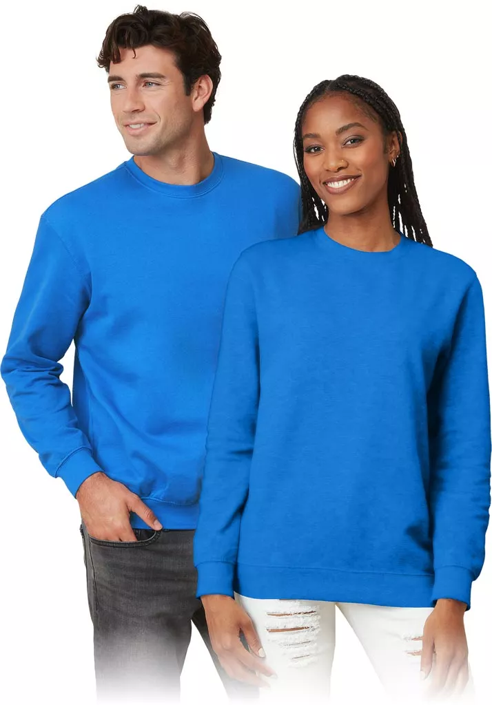 Niebieska, uniseksowa bluza sportowa ST4000 z okrągłym dekoltem, długimi rękawami i ściągaczami na mankietach oraz dole. Prosty, klasyczny design.