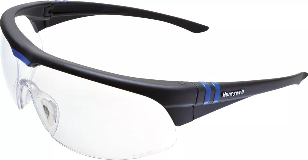 Okulary ochronne Honeywell Millennia 2G mają przezroczyste soczewki oraz czarną oprawkę z niebieskimi akcentami na zausznikach.