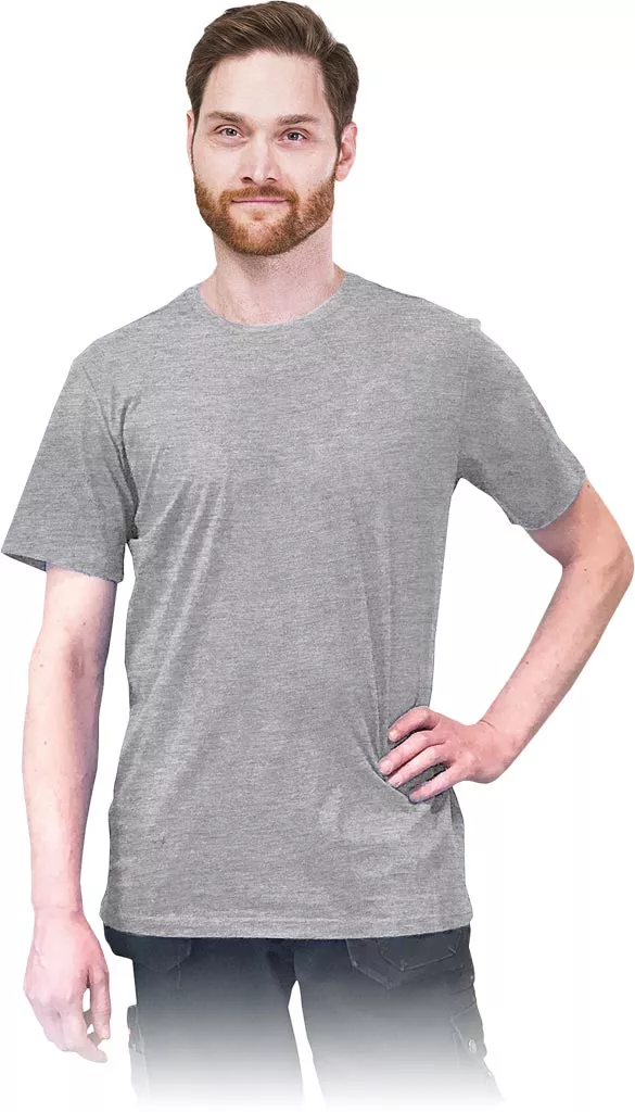 Szara męska koszulka T-shirt o wydłużonym kroju LONG, z krótkim rękawem i okrągłym dekoltem. Wykonana z gładkiego materiału, bez wzorów i nadruków.