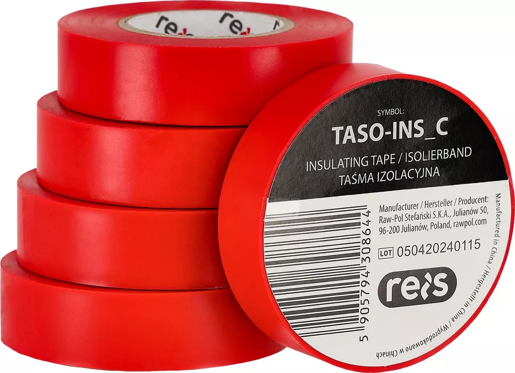 Czerwona, samoprzylepna taśma izolacyjna Taso-Ins C, o szerokości 19 mm i długości 20 m, marki Reis. Przeznaczona do izolacji elektrycznej.