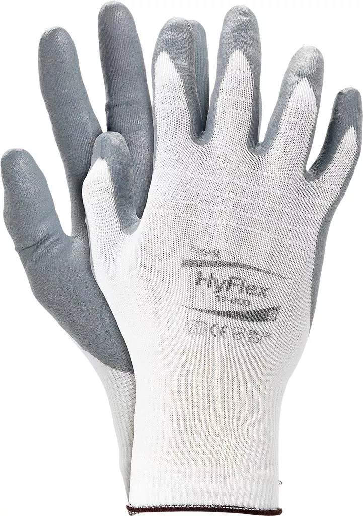 Rękawice ochronne HyFlex® 11-800, kolor biało-szary, z elastycznym mankietem. Na wewnętrznej stronie dłoni i palców pokrycie z szarego materiału, reszta rękawicy w kolorze białym.