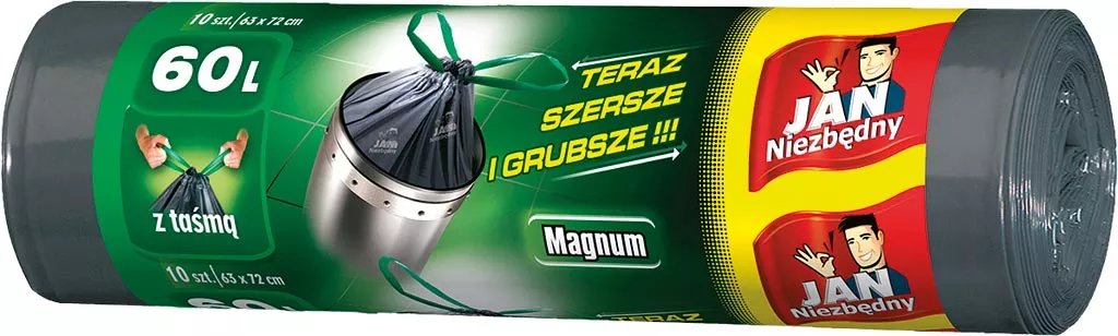 Opakowanie worków na śmieci LD Magnum, 60 litrów, 12 sztuk w rolce. Produkt posiada zielone opakowanie z napisem 
