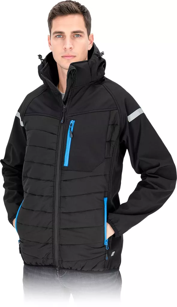 Męska zimowa kurtka hybrydowa, pikowana, ocieplana Flexshell. Elastyczna, ze stójką i kieszeniami zapinanymi na zamek. Czarno-czarna z niebieskimi detalami i odblaskowymi wstawkami na ramionach.