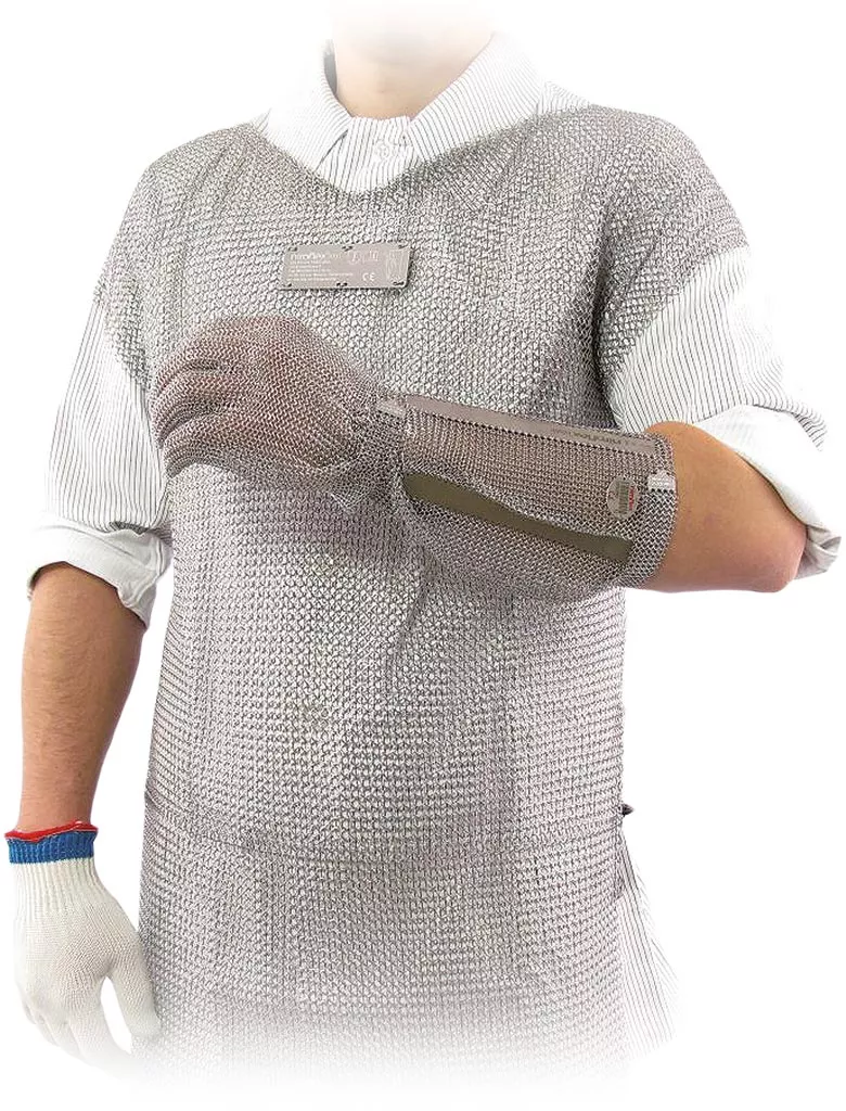 Fartuch ochronny Niroflex 2000 Bolero wykonany z metalowej siatki, zaprojektowany by chronić tors i ramiona, z rękawem sięgającym łokcia.
