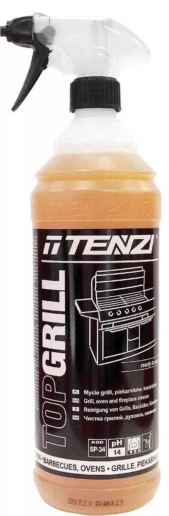 Butelka z preparatem do czyszczenia grilli marki Tenzi, model TopGrill, w pojemniku z rozpylaczem. Zapakowany w przezroczystą butelkę, płyn o żółtym kolorze.