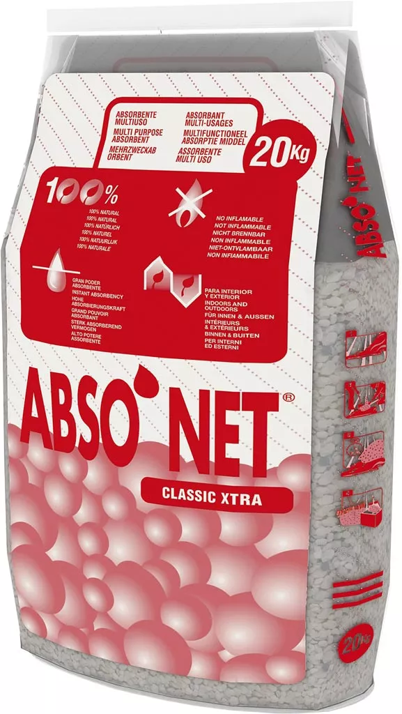 Opakowanie zawiera sorbent mineralny marki ABSO-NET CLASSIC XTRA o masie 20 kg. Produkt jest w 100% naturalny, przeznaczony do absorpcji płynów. Opakowanie w kolorach czerwonym i szarym z grafiką kulek sorbentu.