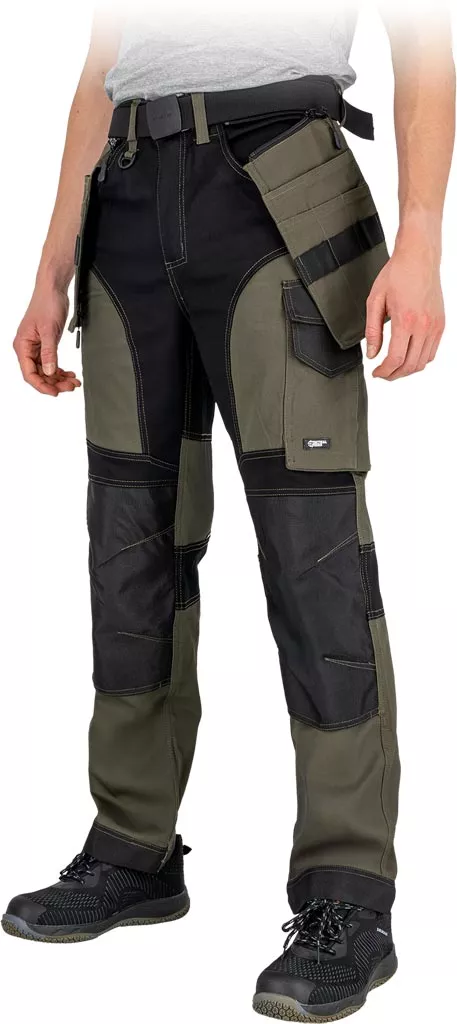 Męskie spodnie robocze do pasa Tactical Guard TERRA w kolorach czarnym i oliwkowym, z wieloma kieszeniami, wzmocnieniami na kolanach i ergonomicznie dopasowanym krojem.