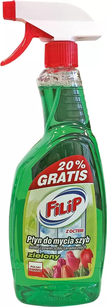 Płyn do mycia szyb FILIP zielony z pompką, o zapachu cytrynowym, w butelce z atomizerem, 750 ml + 20% gratis.