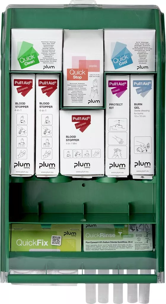 Zielona stacja pierwszej pomocy zawiera wyraźnie oznaczone komory z różnymi produktami takimi jak bandaże, plastry, opatrunki i płyny do przemywania oczu. Wyposażona także w instrukcje obsługi i przegródki na dodatkowe akcesoria medyczne.