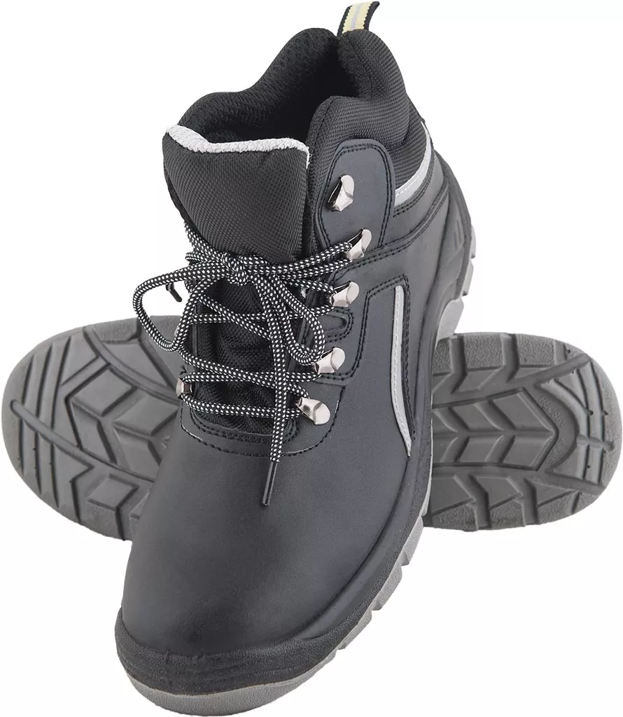 Buty robocze trzewiki skórzane z podnoskiem SB POLREIS, czarne, z szarymi detalami, solidna podeszwa z głębokim bieżnikiem, sznurowane, wygodne i bezpieczne.