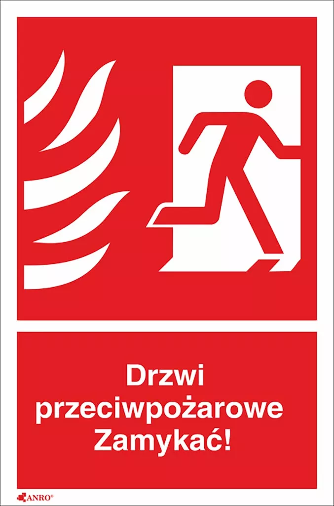 Znak przeciwpożarowy z symbolem ognia i ikoną osoby wychodzącej z drzwi. Tekst: 