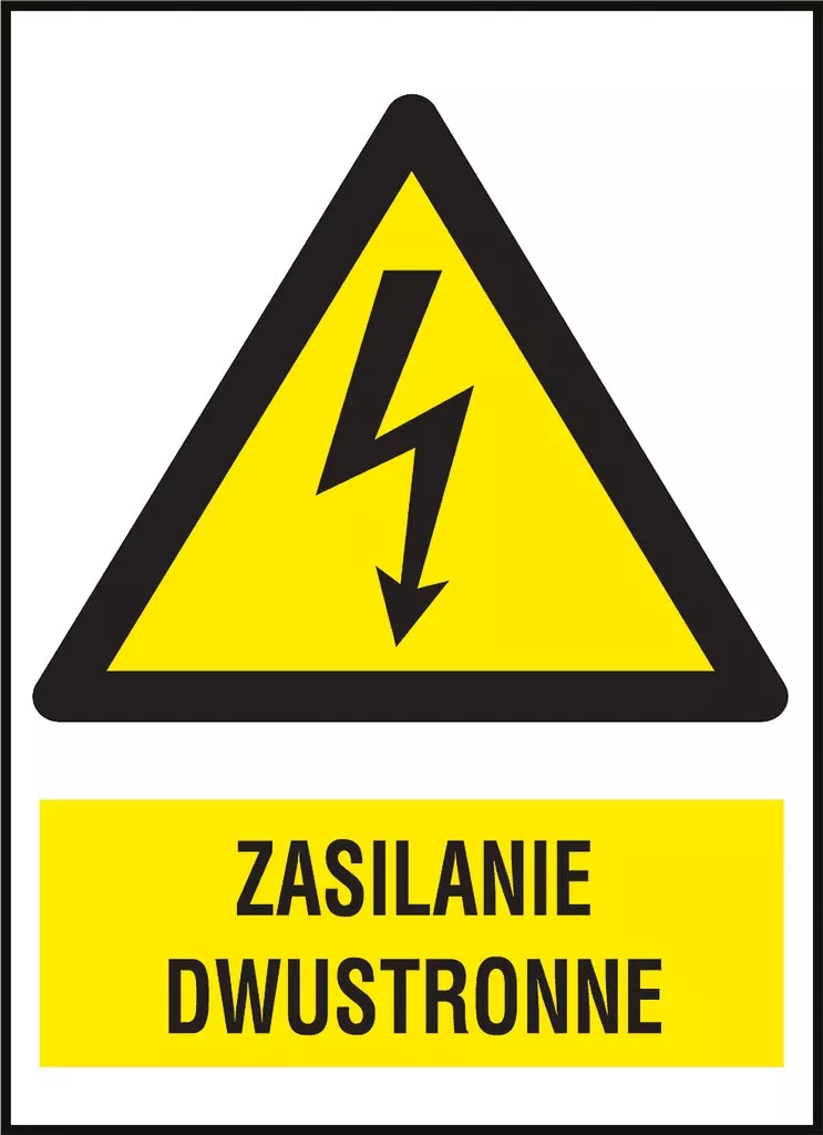 Znak elektryczny ostrzegający przed zasilaniem dwustronnym, przedstawiający czarną błyskawicę na żółtym tle w trójkącie oraz napis 