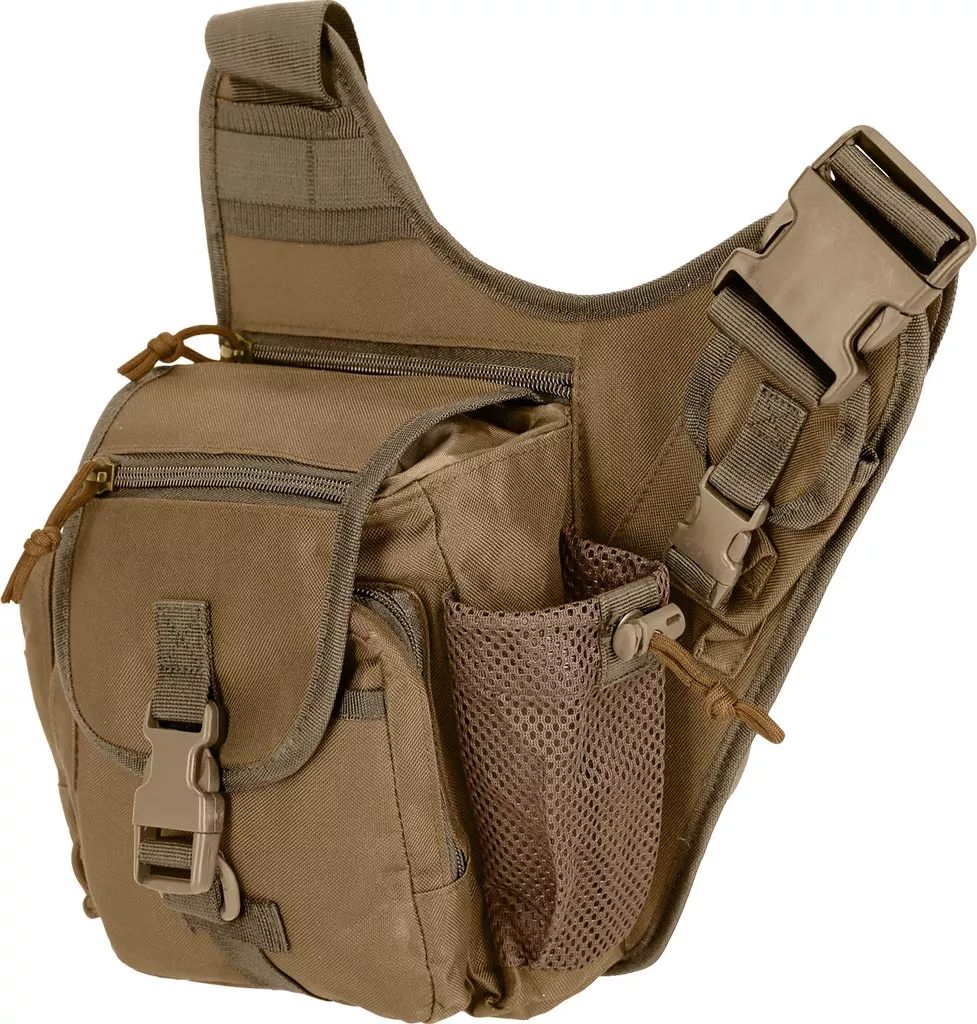 Saszetka boczna taktyczna Tactical Guard BOR w kolorze khaki, wyposażona w kieszenie zamykane na zamek i klamrę, wykonana z wytrzymałego materiału, z regulowanym paskiem i dodatkowymi mocowaniami.