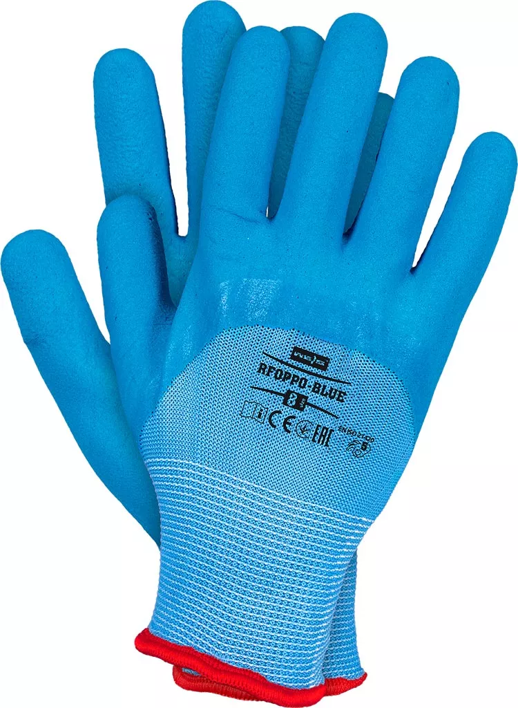 Rękawice robocze powlekane spienionym lateksem RFOPPO-BLUE, model FOPPO-BLUE, zapewniają ochronę dłoni, wykonane z wytrzymałego materiału, koloru niebieskiego z czerwonym ściągaczem.