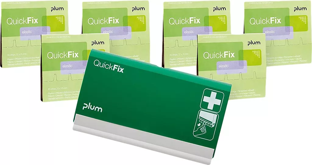 Zestaw plastrów elastycznych Plum QuickFix Elastic w etui, zawiera różne rozmiary plastrów, idealny do szybkiego opatrywania drobnych ran.