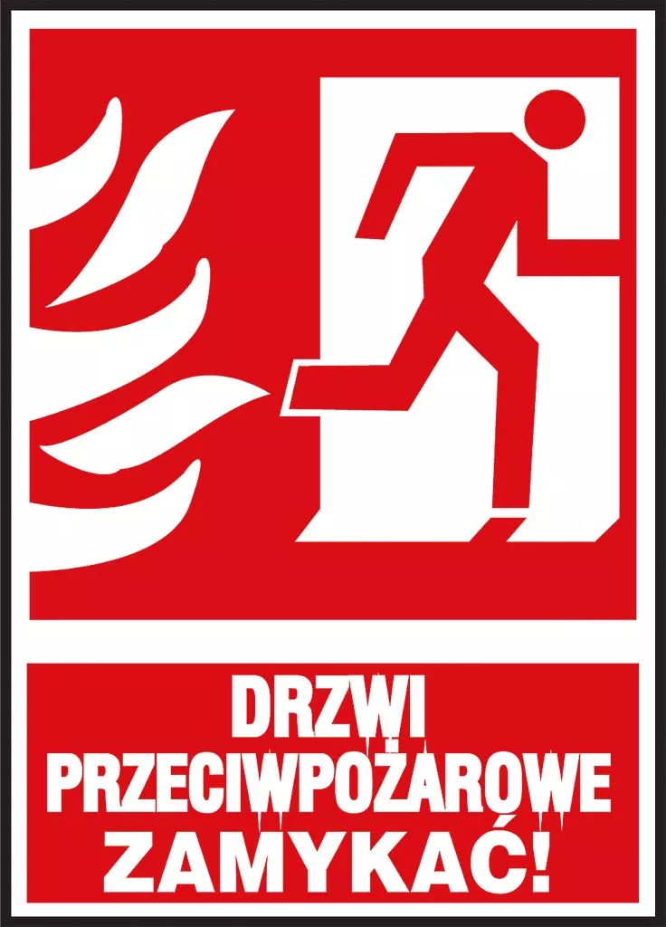 Znak bezpieczeństwa o czerwonym tle z białym piktogramem osoby przechodzącej przez drzwi oraz płomieni, z napisem 
