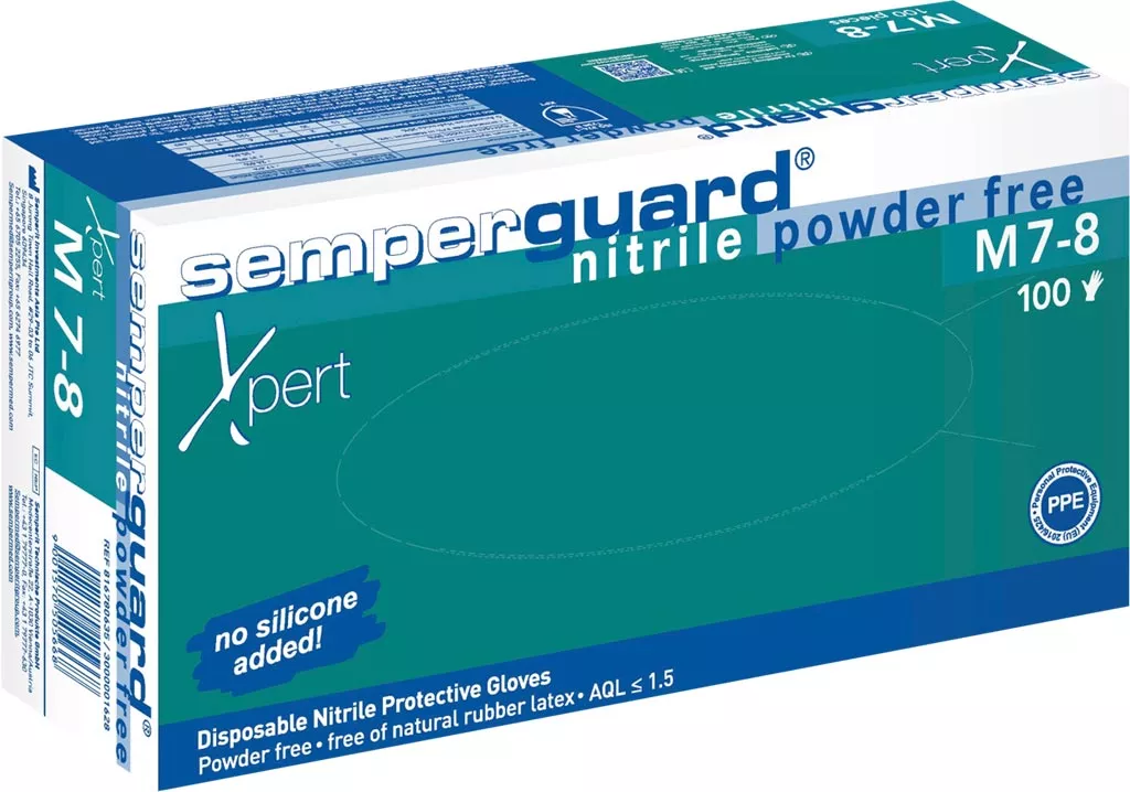 Opakowanie niebiesko-białe rękawic nitrylowych SEMPERGUARD XPERT, bezpudrowych, rozmiar M 7-8, 100 sztuk, bez silikonu.