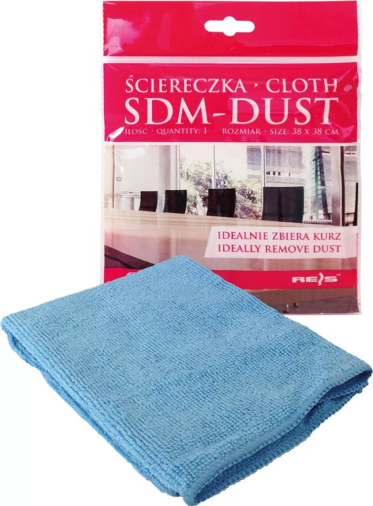 Ścierka z mikrofibry DUST w kolorze niebieskim. Opakowanie dodatkowo podkreśla, że produkt idealnie zbiera kurz. Wymiary: 30x40 cm.
