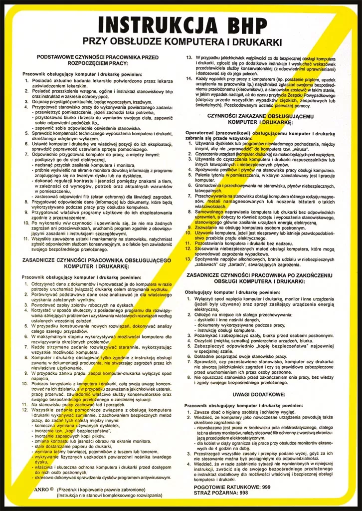 Plakat zawiera tekst instrukcji BHP dla pracujących przy komputerze i drukarce. Podzielony jest na dwie kolumny z detalicznymi punktami, które omawiają różne aspekty bezpieczeństwa i ergonomii. Tło jest żółte z białymi polami tekstowymi.