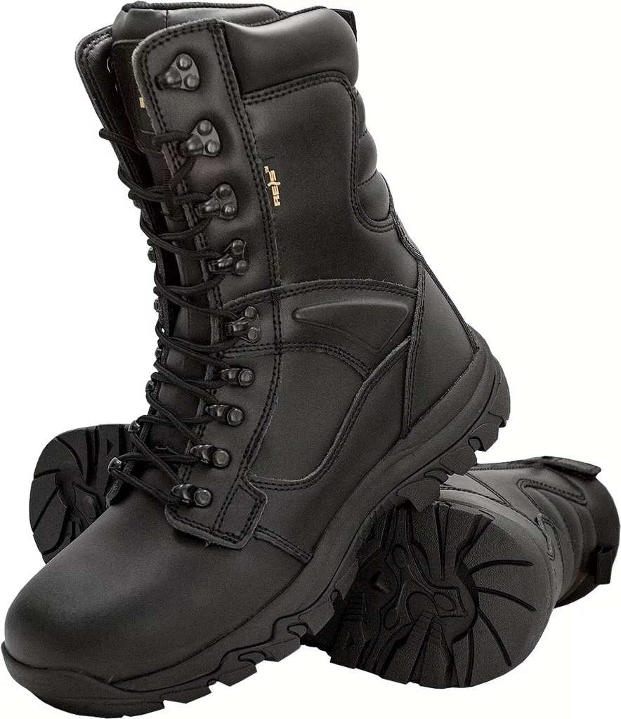 Buty taktyczne trzewiki męskie PATROL z podnoskiem, model SB. Wykonane z czarnej, wytrzymałej skóry z wysoką cholewką, solidna podeszwa z głębokim bieżnikiem, zamknięcie na sznurowadła, wodoodporne.