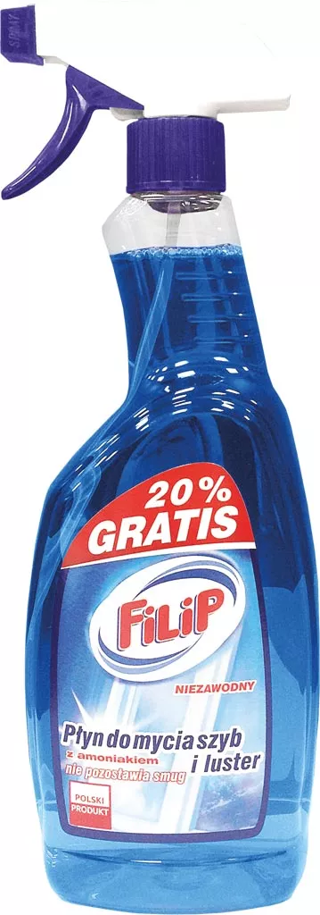 Na zdjęciu widoczny jest niebieski, przezroczysty płyn do mycia szyb marki Filip w plastikowej butelce z pompką. Opakowanie zawiera informację o dodatkowych 20% produktu gratis.