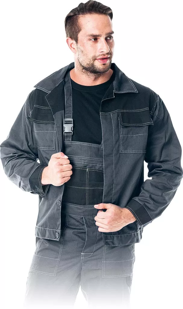Bluza robocza katana ochronna Multi Master w kolorze stalowym, męska, z licznymi kieszeniami i wzmocnieniami na łokciach oraz ramionach, zapinana na guziki.