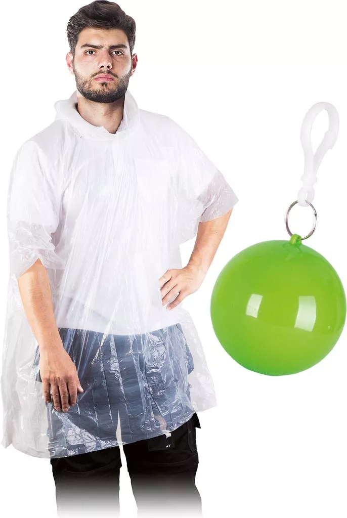 Peleryna przeciwdeszczowa typu poncho, transparentna, zapakowana w zielony brelok w kształcie kuli RAINBALL, łatwa do przenoszenia i użycia.