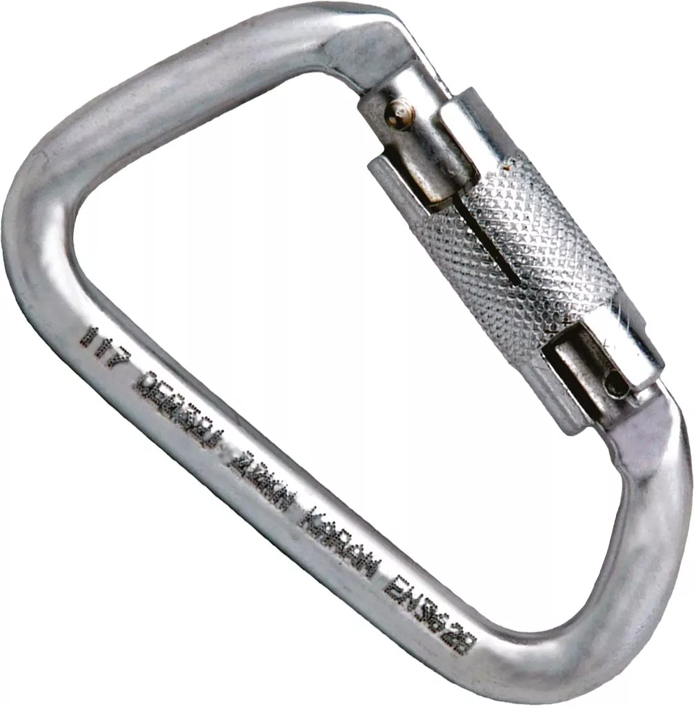Łącznik aluminiowy typu D z blokadą i zamknięciem OUP-KRM-K-QTL-A, wykonany z aluminium o wymiarach 11x100 mm, nośność 25 kN. Znak CE, spełnia normę EN362.