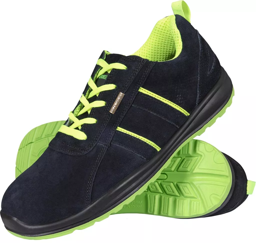 Skórzane buty robocze BOLIVIA SB w kolorze czarnym z zielonym wnętrzem i podeszwą, model uniseks. Wyposażone w podnosek, wiązane na sznurówki, lekkie i wygodne.