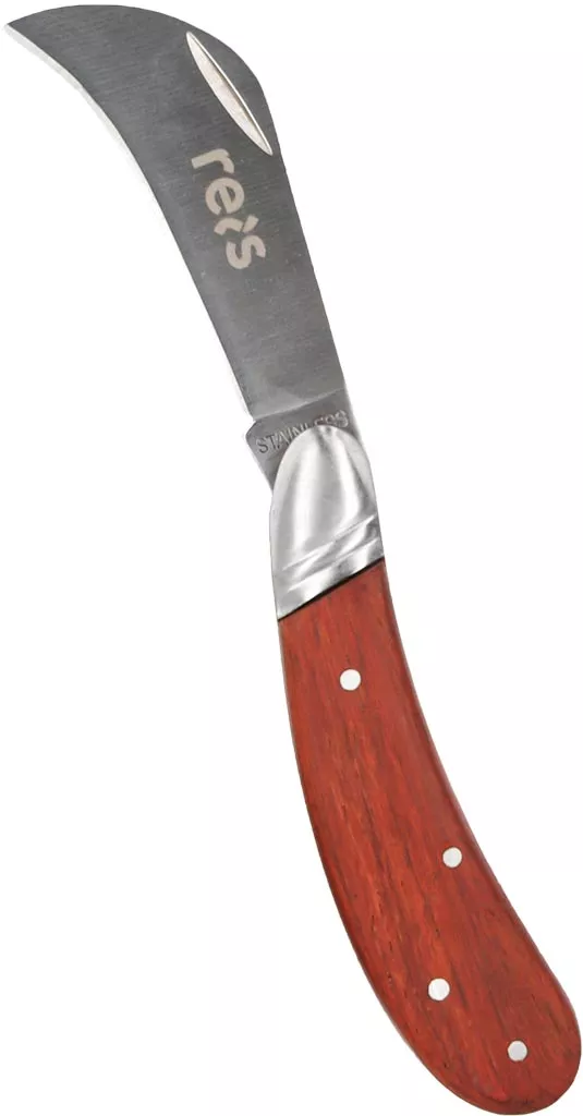 Składany nóż ogrodniczy Tactical Guard KNIFE z zakrzywionym ostrzem. Rękojeść drewniana z trzema nitami, ostrze metalowe z napisem 